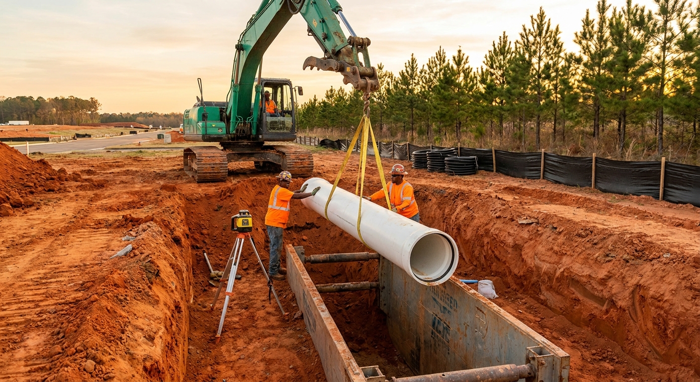 Excavator lowering PVC sanitary sewer pipe into a trench at a Georgia development site