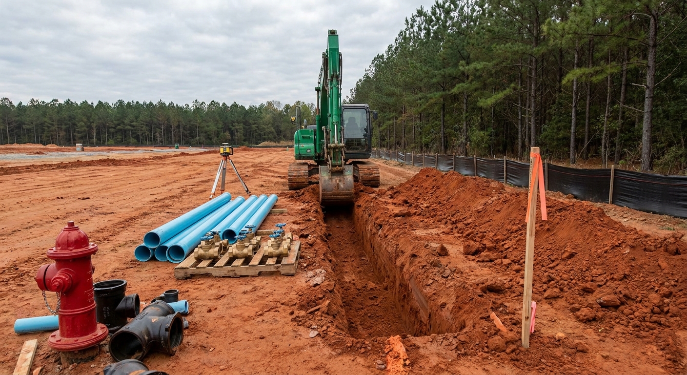 Water line installation with blue PVC pipe, valves, and fire hydrant staged beside a trench in Athens GA